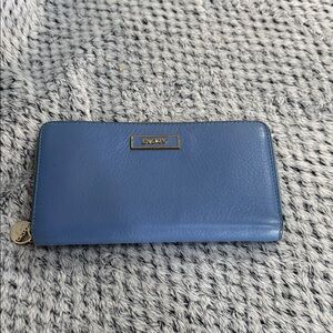 DKNY Blue Leather Zip-Around Wallet with Gold Logo